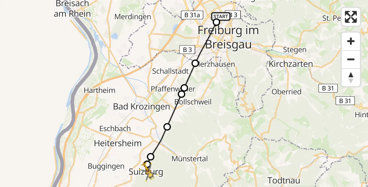 Flugroute Rettungshubschrauber Freiburg im Breisgau Flugplatz - Sulzburg, 08 Juni 2026, 07:50