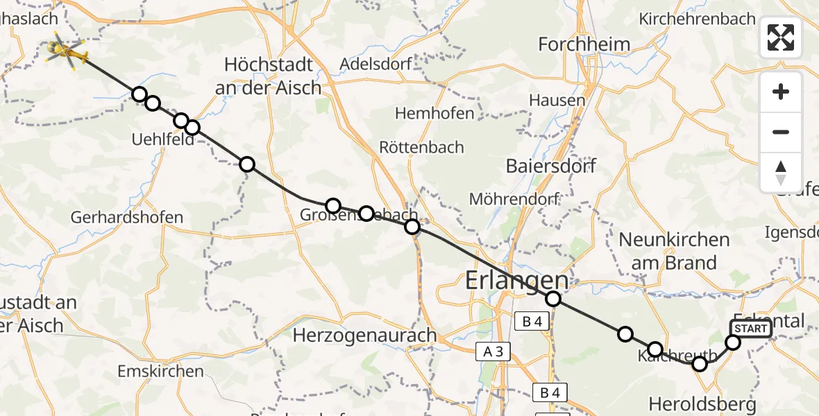 Flugroute Ambulanzhubschrauber Eckental - Vestenbergsgreuth, 08 Juni 2026, 07:59