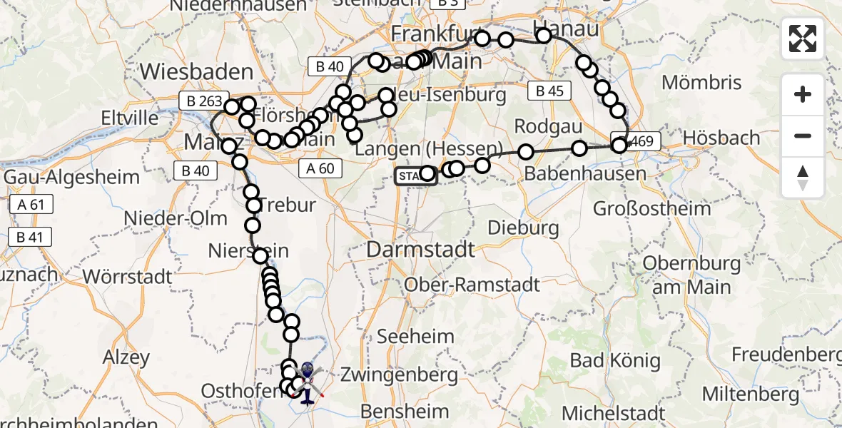 Flugroute Polizeihubschrauber Flughafen Frankfurt-Egelsbach - Groß-Rohrheim, 08 Juni 2026, 08:05