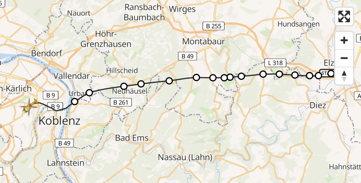 Flugroute Rettungshubschrauber Elz - Koblenz, 08 Juni 2026, 08:11