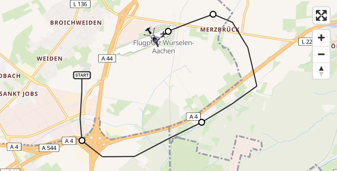 Flugroute Polizeihubschrauber Würselen - Aachen-Merzbrück Flughafen, 08 Juni 2026, 08:12