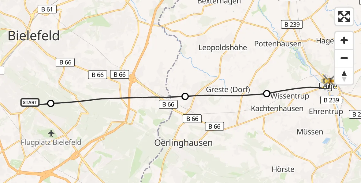 Flugroute Rettungshubschrauber Luftrettungszentrum Bielefeld - Lage, 08 Juni 2026, 08:28