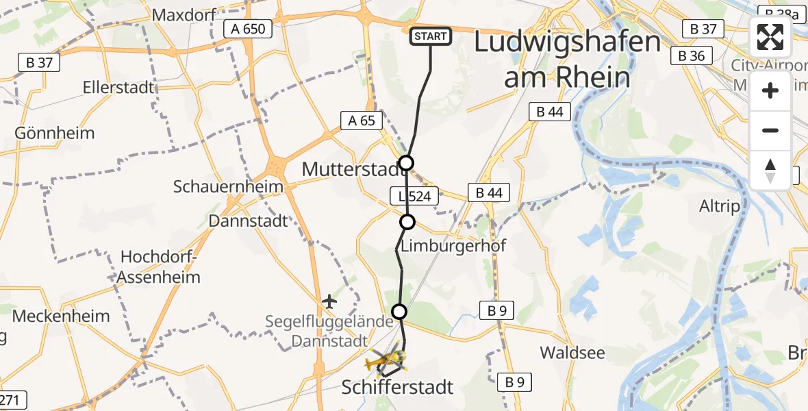 Flugroute Rettungshubschrauber Ludwigshafen am Rhein - Schifferstadt, 08 Juni 2026, 08:31