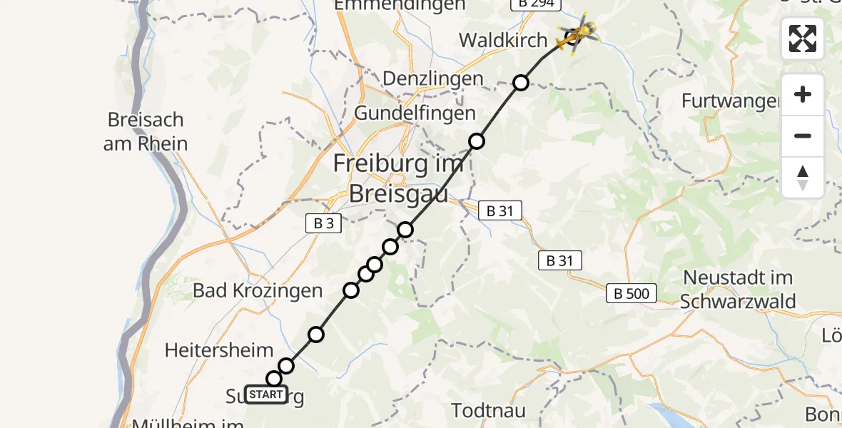 Flugroute Rettungshubschrauber Sulzburg - Simonswald, 08 Juni 2026, 08:32