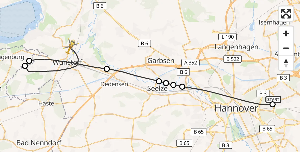Flugroute Rettungshubschrauber Hannover Luftrettung Hubschrauberlandeplatz (Christoph 4) - Wunstorf, 08 Juni 2026, 08:35