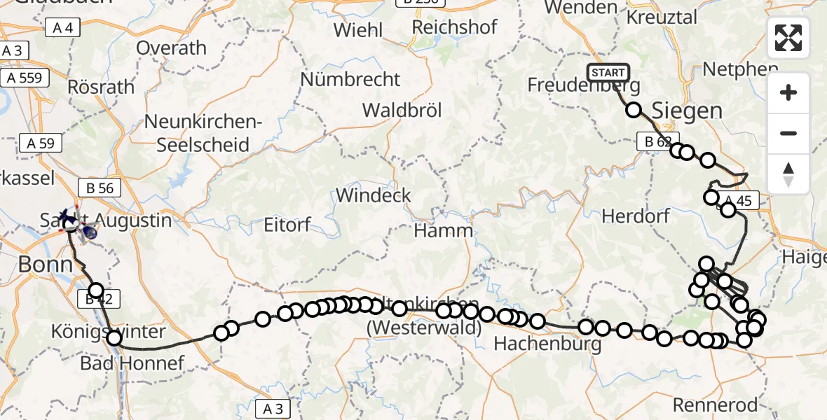 Flugroute Polizeihubschrauber Freudenberg - Sankt Augustin, 08 Juni 2026, 08:35