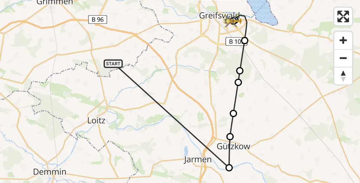 Flugroute Rettungshubschrauber Süderholz - Greifswald Hospital, 08 Juni 2026, 08:42