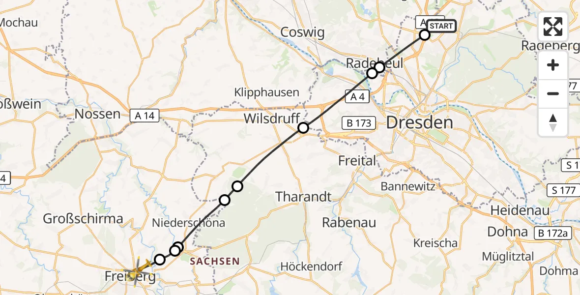 Flugroute Rettungshubschrauber Dresden Flughafen - Freiberg, 08 Juni 2026, 08:47