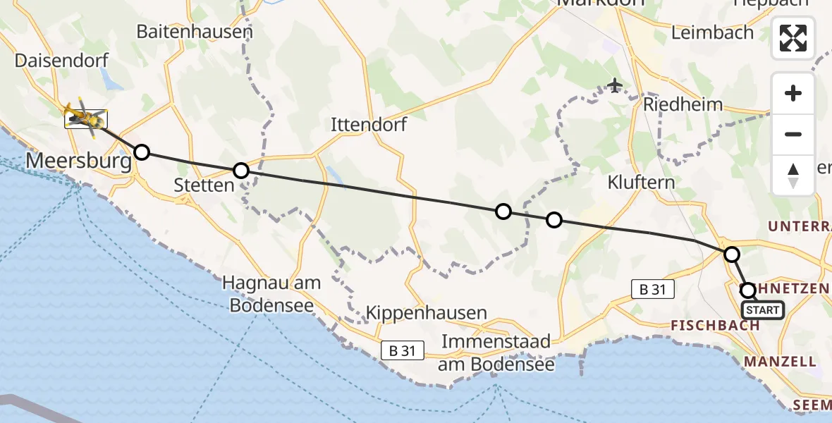 Flugroute Rettungshubschrauber Friedrichshafen Hospital - Meersburg, 08 Juni 2026, 08:48