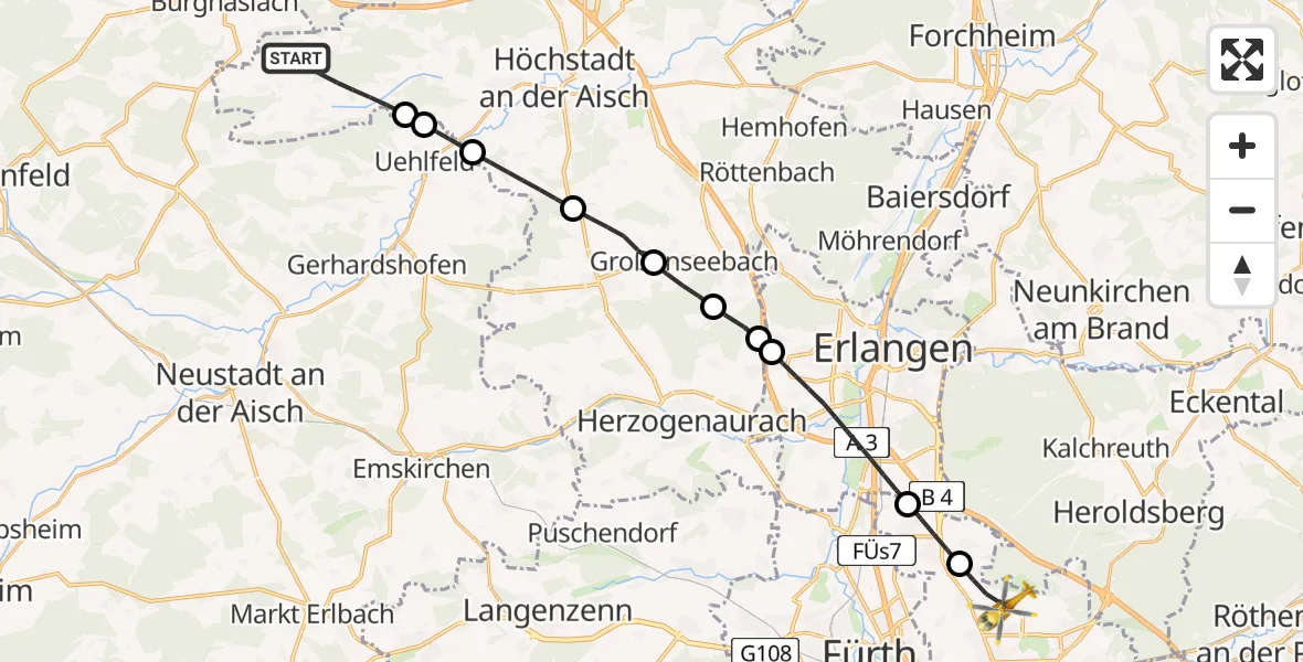 Flugroute Ambulanzhubschrauber Vestenbergsgreuth - Flughafen Nuremberg, 08 Juni 2026, 08:51