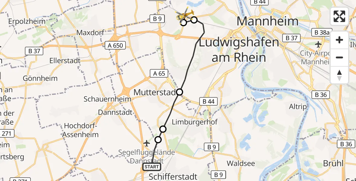 Flugroute Rettungshubschrauber Schifferstadt - Ludwigshafen am Rhein, 08 Juni 2026, 08:59