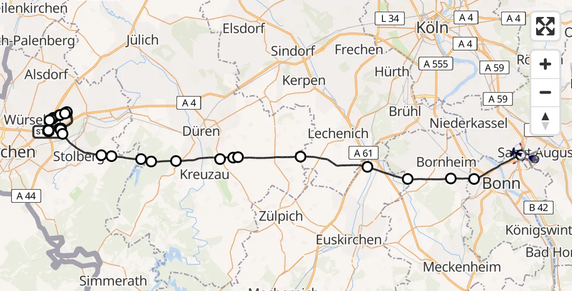 Flugroute Polizeihubschrauber Aachen - Sankt Augustin, 08 Juni 2026, 09:01