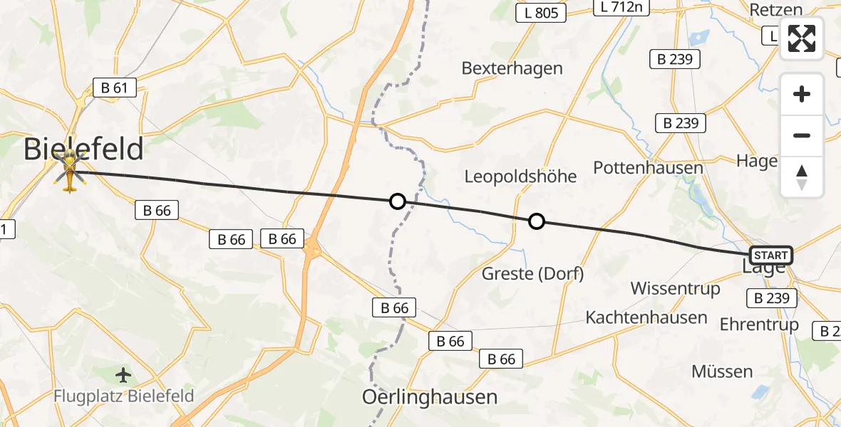 Flugroute Rettungshubschrauber Lage - Bielefeld, 08 Juni 2026, 09:05