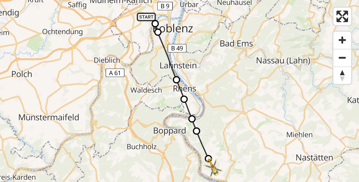 Flugroute Rettungshubschrauber Koblenz - Kestert, 08 Juni 2026, 09:11