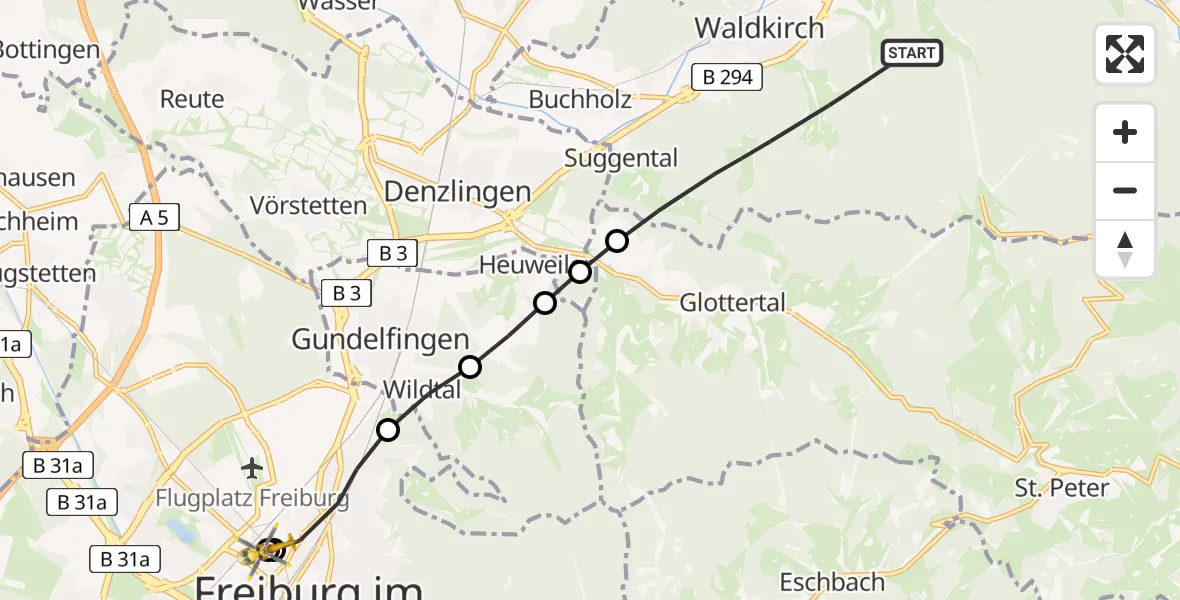 Flugroute Rettungshubschrauber Waldkirch - Freiburg University Hospital Heliport 1, 08 Juni 2026, 09:12