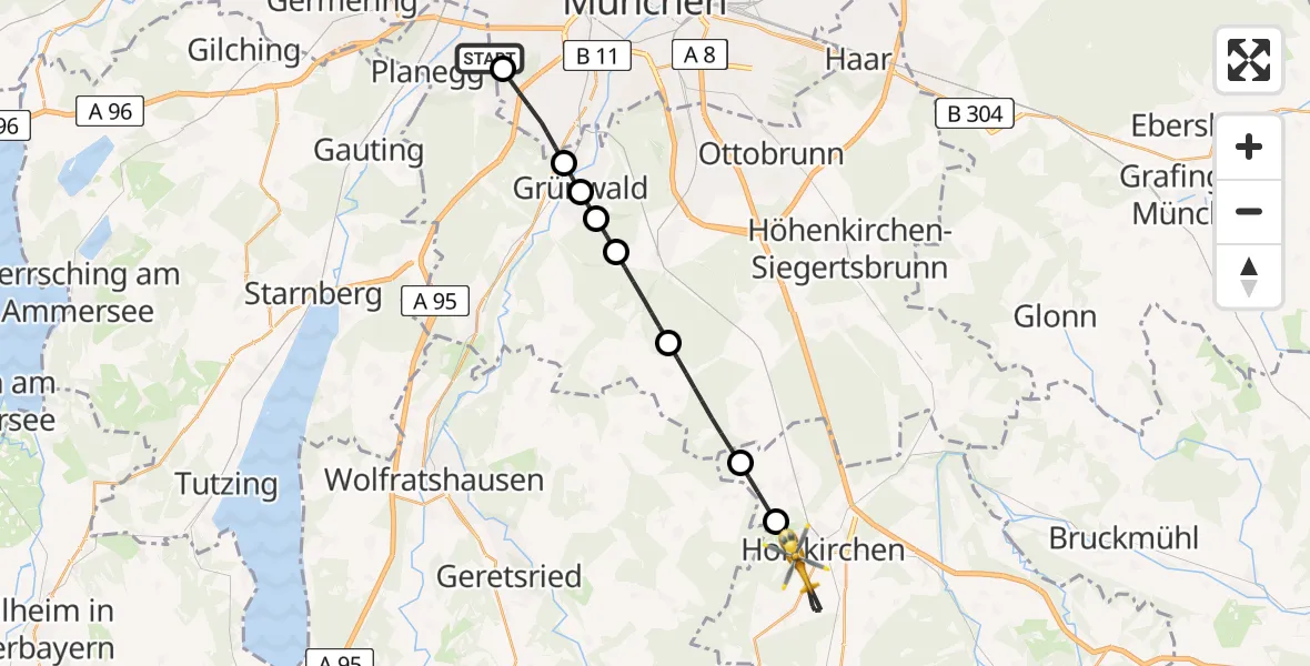 Flugroute Rettungshubschrauber DRF Air Rescue München Hubschrauberlandeplatz - Holzkirchen, 08 Juni 2026, 09:12