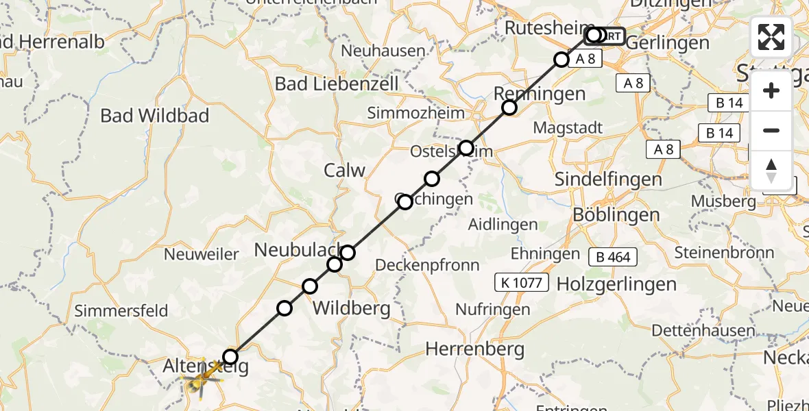 Flugroute Rettungshubschrauber Leonberg Hospital - Altensteig, 08 Juni 2026, 09:12