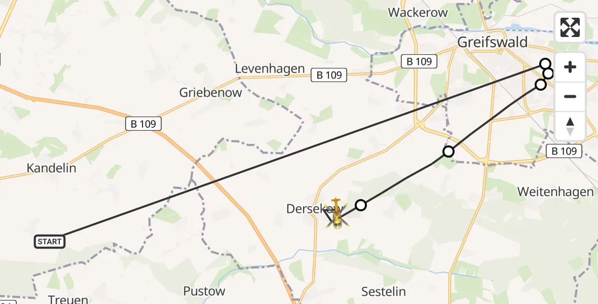 Flugroute Rettungshubschrauber Süderholz - Dersekow, 08 Juni 2026, 09:16