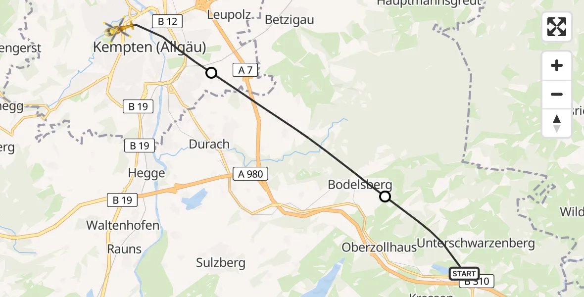 Flugroute Rettungshubschrauber Oy-Mittelberg - Kempten (Allgäu), 08 Juni 2026, 09:16