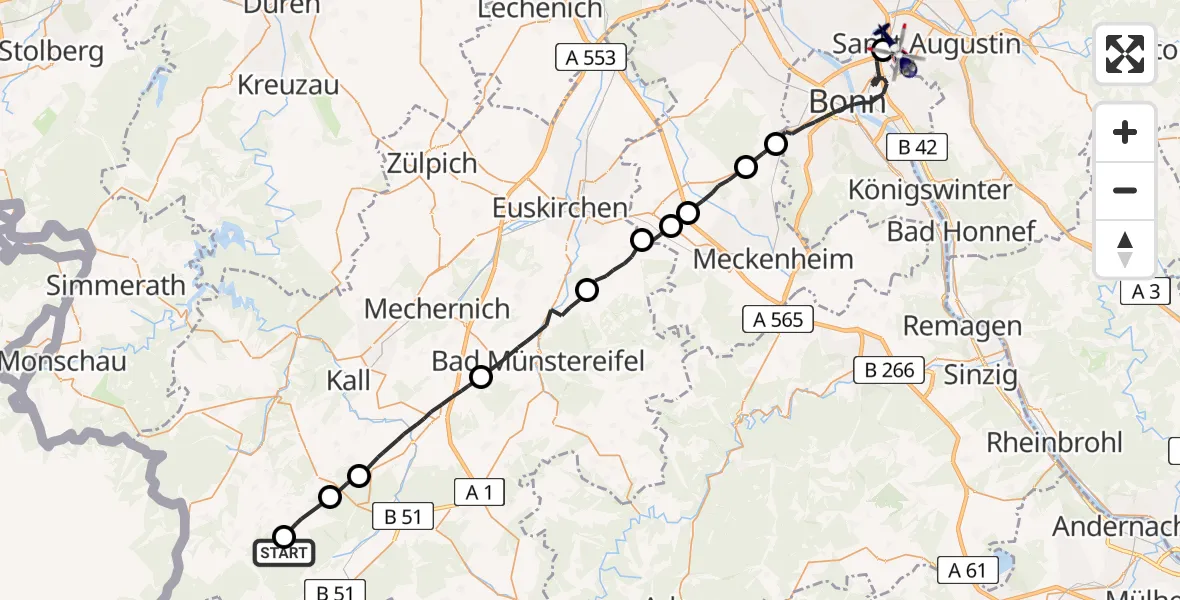 Flugroute Polizeihubschrauber Dahlem - Sankt Augustin, 08 Juni 2026, 09:21