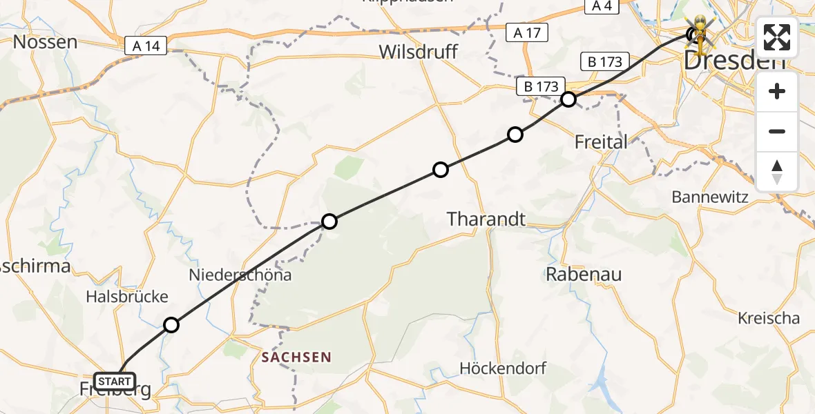 Flugroute Rettungshubschrauber Freiberg - Dresden Friedrichstadt Hospital, 08 Juni 2026, 09:22