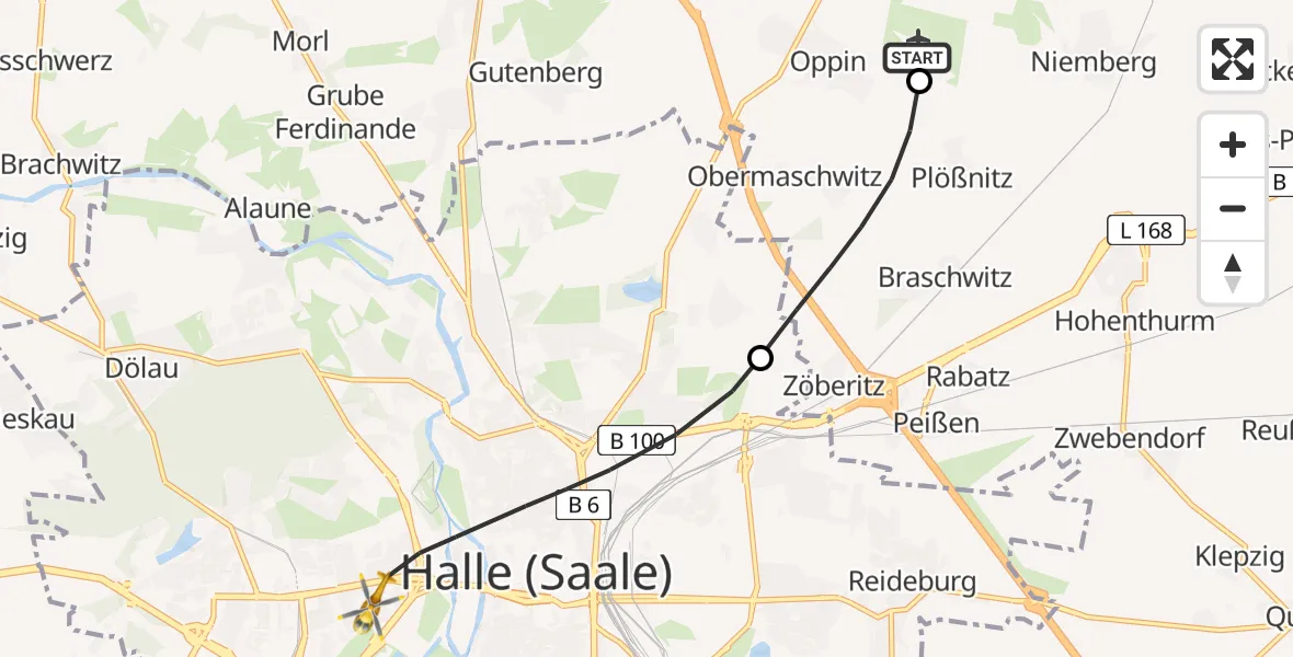 Flugroute Rettungshubschrauber Halle-Oppin Flugplatz - Halle (Saale), 08 Juni 2026, 09:25