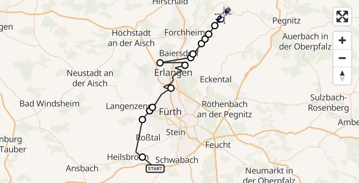 Flugroute Polizeihubschrauber Rohr - Ebermannstadt, 08 Juni 2026, 09:27