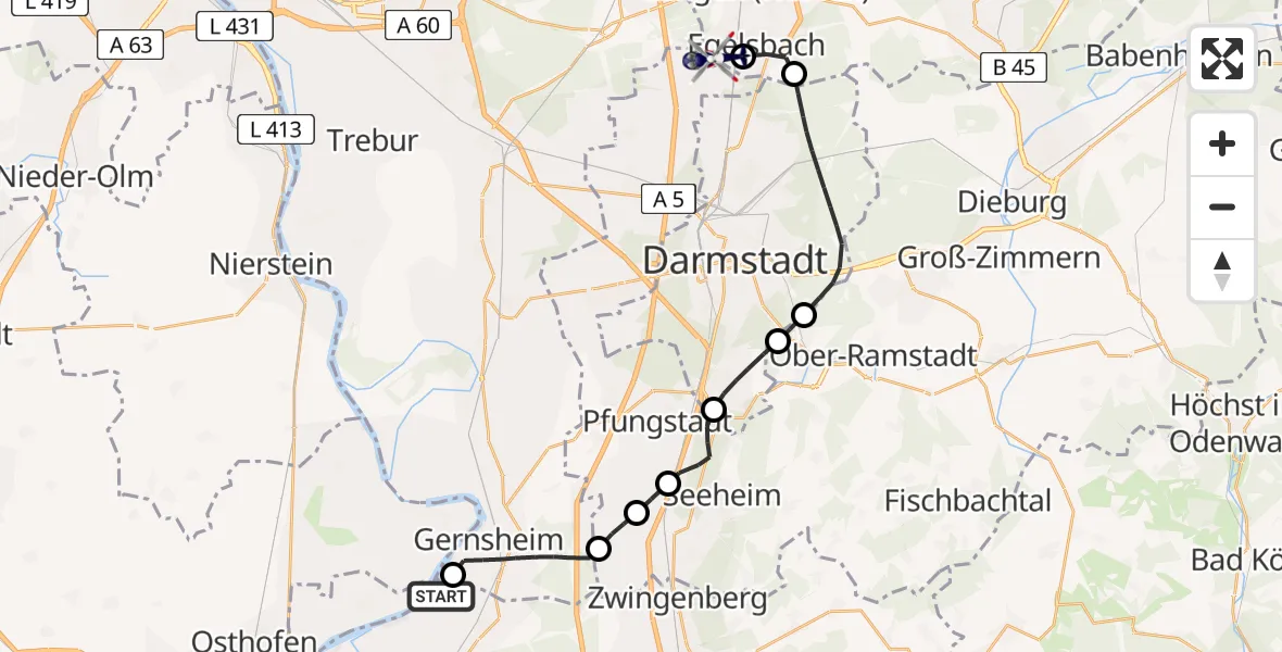 Flugroute Polizeihubschrauber Groß-Rohrheim - Flughafen Frankfurt-Egelsbach, 08 Juni 2026, 09:28