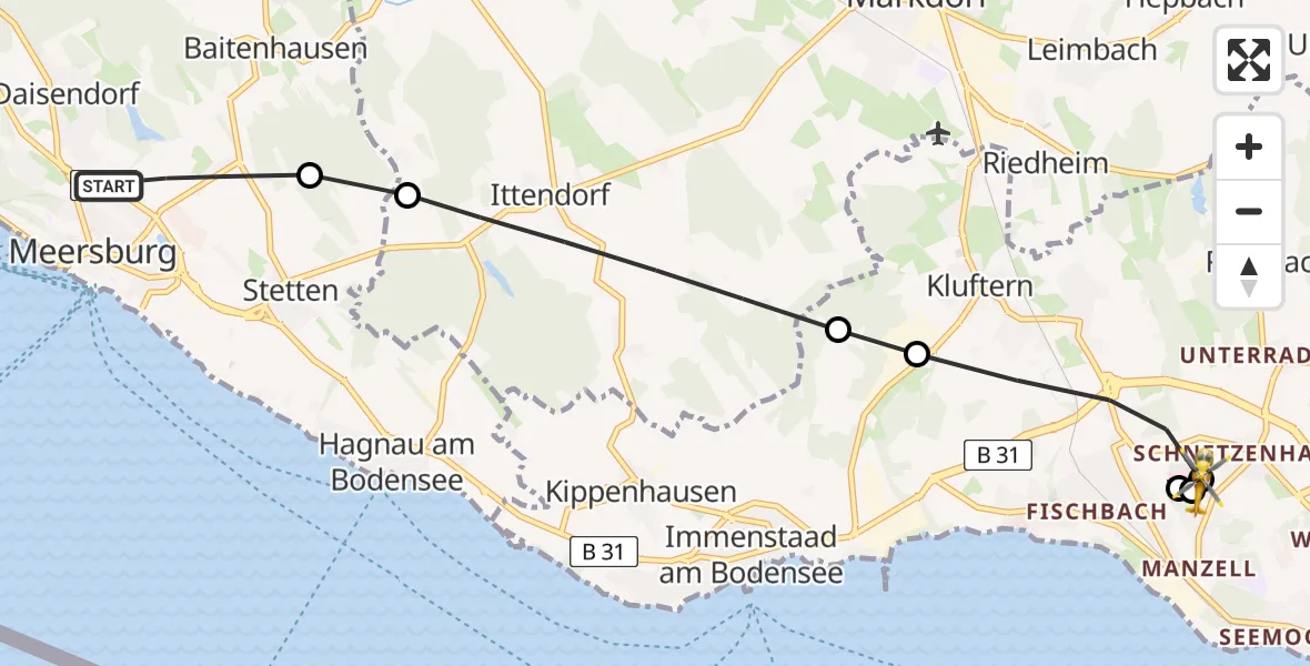 Flugroute Rettungshubschrauber Meersburg - Friedrichshafen Hospital Hubschrauberlandeplatz, 08 Juni 2026, 09:30
