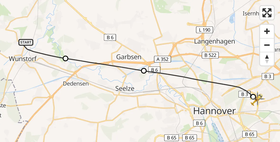 Flugroute Rettungshubschrauber Wunstorf - Hannover Luftrettung Hubschrauberlandeplatz (Christoph 4), 08 Juni 2026, 09:32