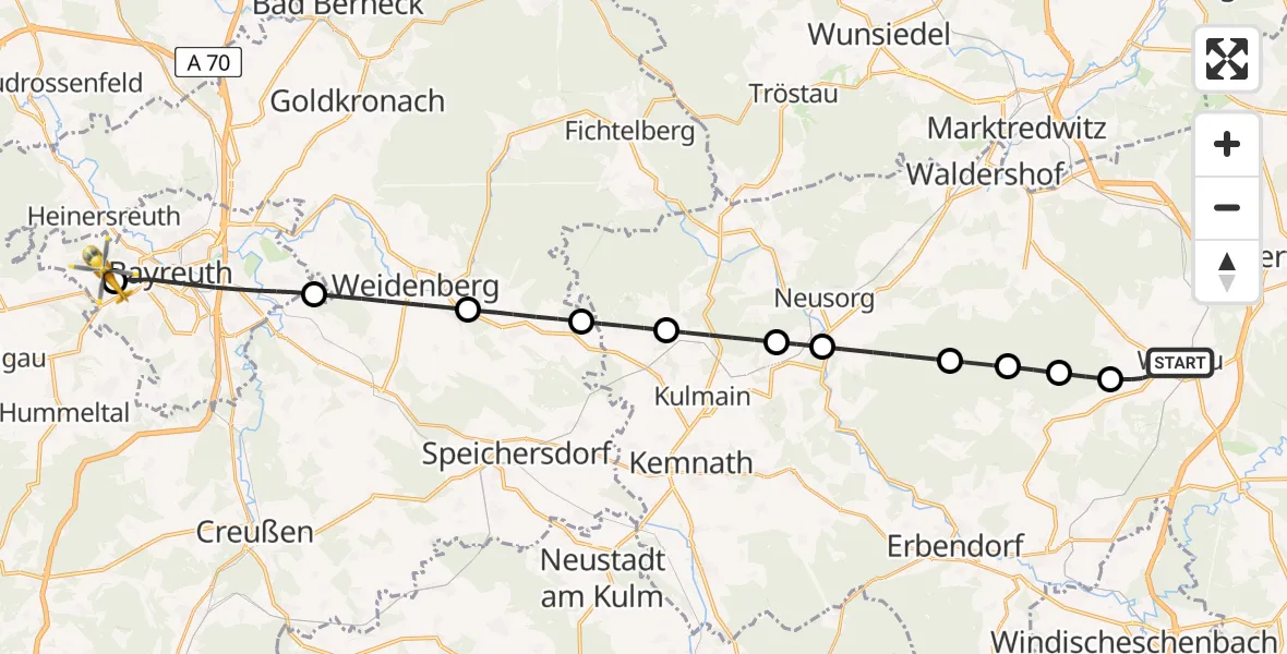 Flugroute Rettungshubschrauber Wiesau - Bayreuth Hospital, 08 Juni 2026, 09:35