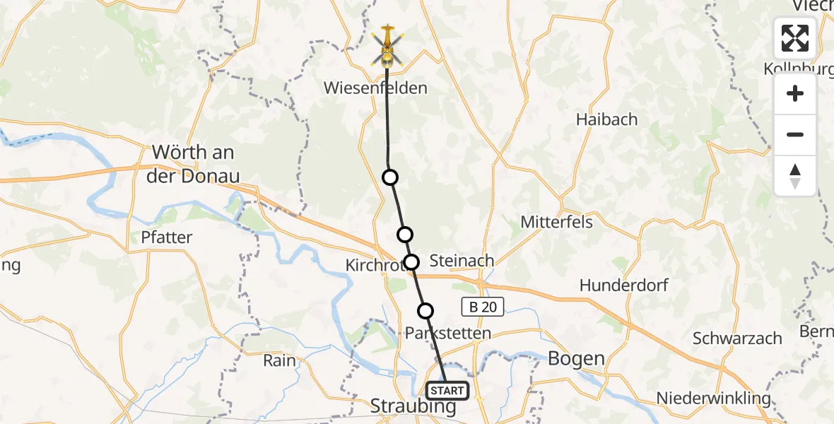 Flugroute Rettungshubschrauber Straubing - Wiesenfelden, 08 Juni 2026, 09:37