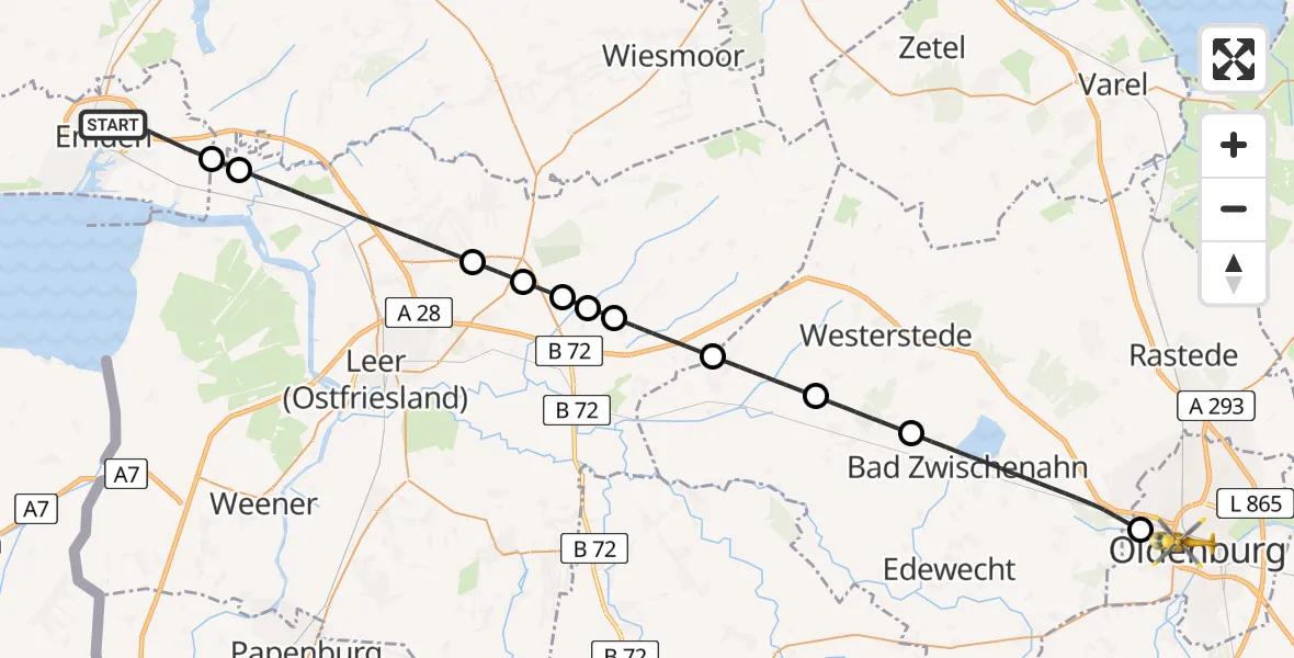 Flugroute Rettungshubschrauber Emden - Oldenburg (Oldb), 08 Juni 2026, 09:39