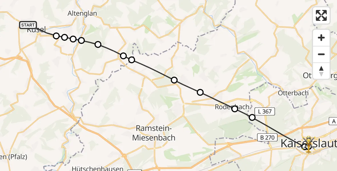 Flugroute Rettungshubschrauber Kusel - Westpfalz Hospital Kaiserslautern, 08 Juni 2026, 09:39