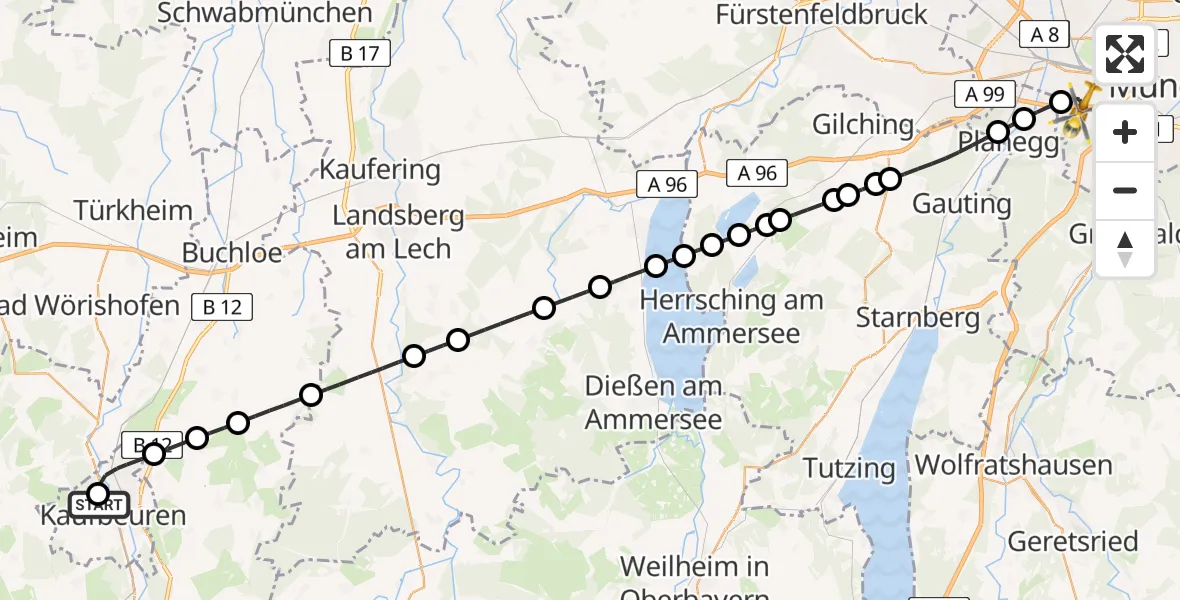 Flugroute Rettungshubschrauber Ostallgäu-Kaufbeuren Hospital - München, 08 Juni 2026, 09:41