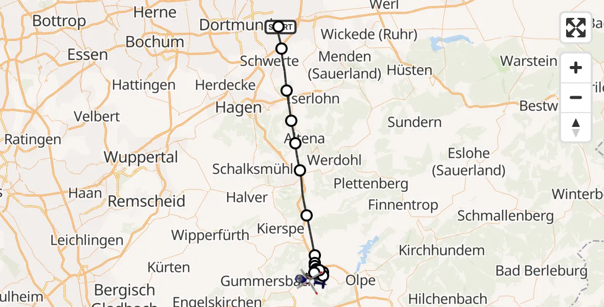Flugroute Polizeihubschrauber Dortmund Flughafen - Bergneustadt, 08 Juni 2026, 09:43