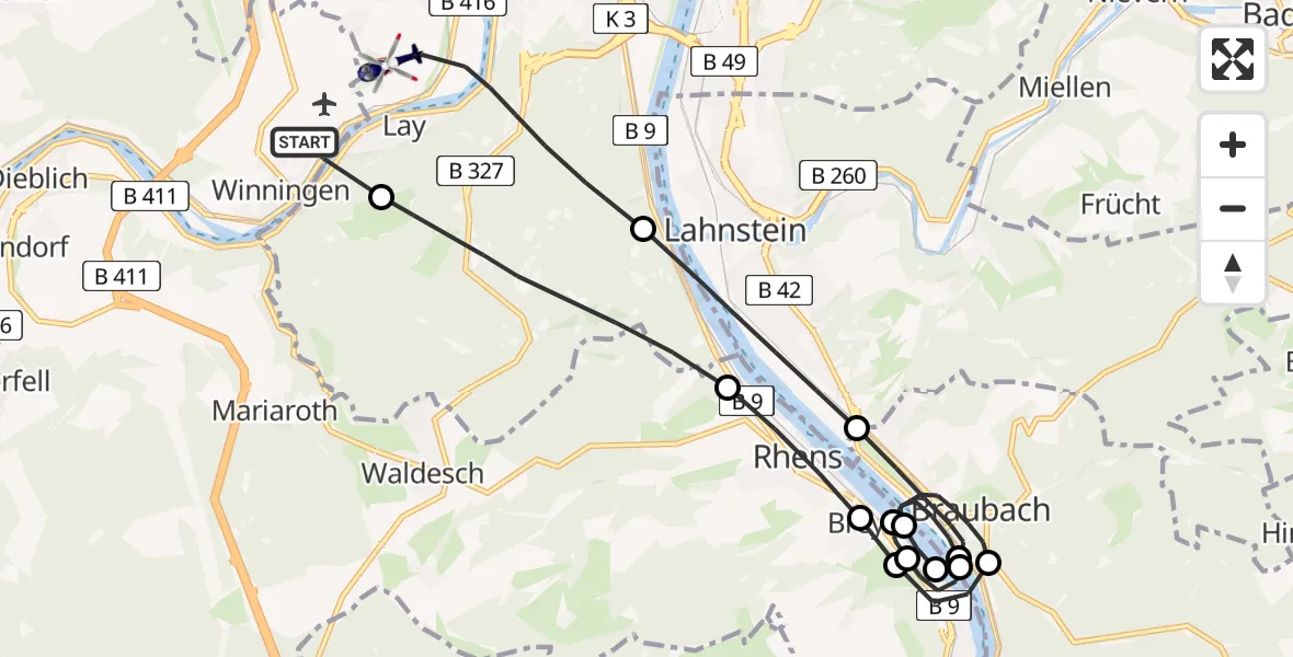 Flugroute Polizeihubschrauber Winningen - Koblenz, 08 Juni 2026, 09:45