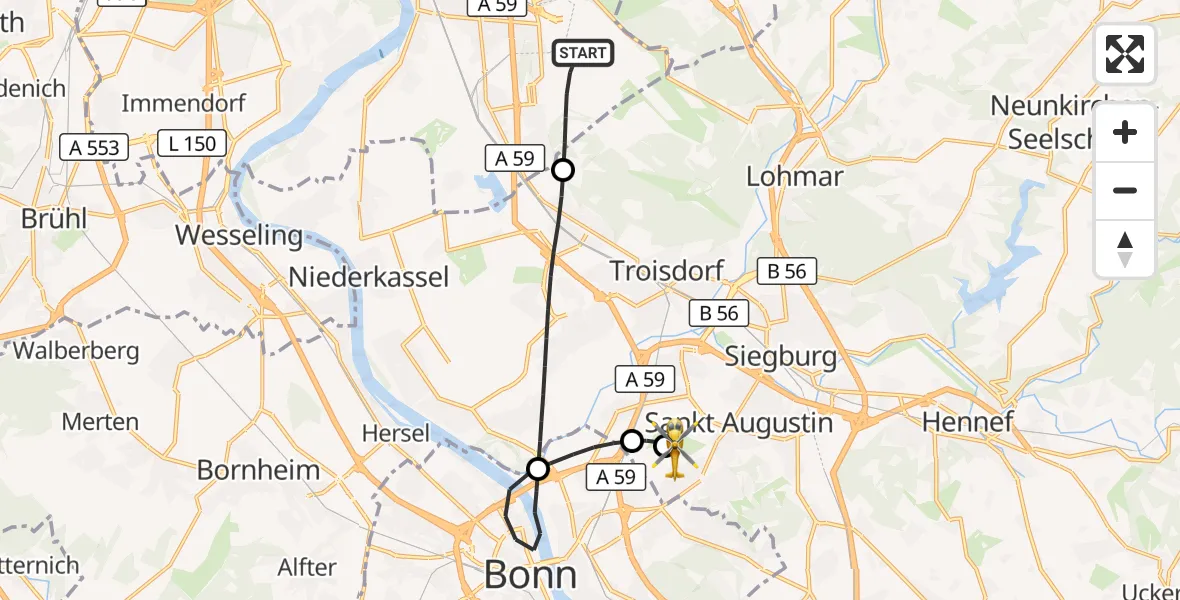 Flugroute Rettungshubschrauber Köln Bonn Flughafen - Bonn-Hangelar Flugplatz, 08 Juni 2026, 09:46