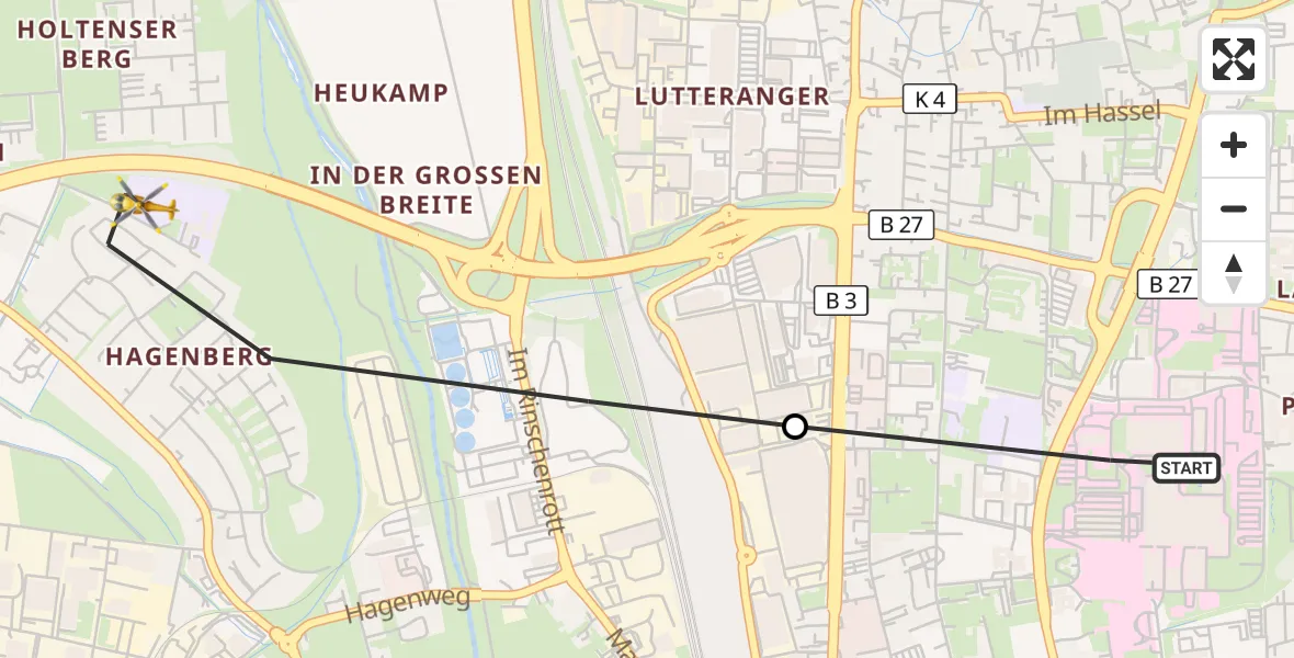 Flugroute Rettungshubschrauber Göttingen University Clinic Hubschrauberlandeplatz - Göttingen, 08 Juni 2026, 09:46
