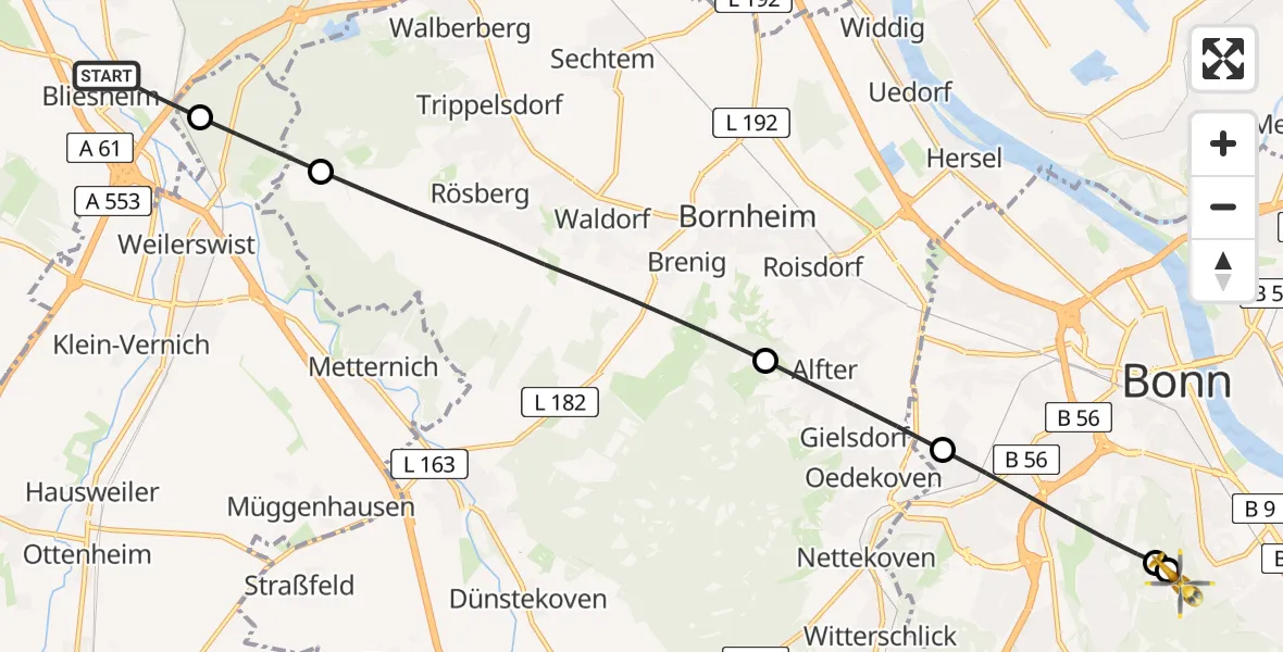 Flugroute Rettungshubschrauber Erftstadt - Bonn University Hospital, 08 Juni 2026, 09:46