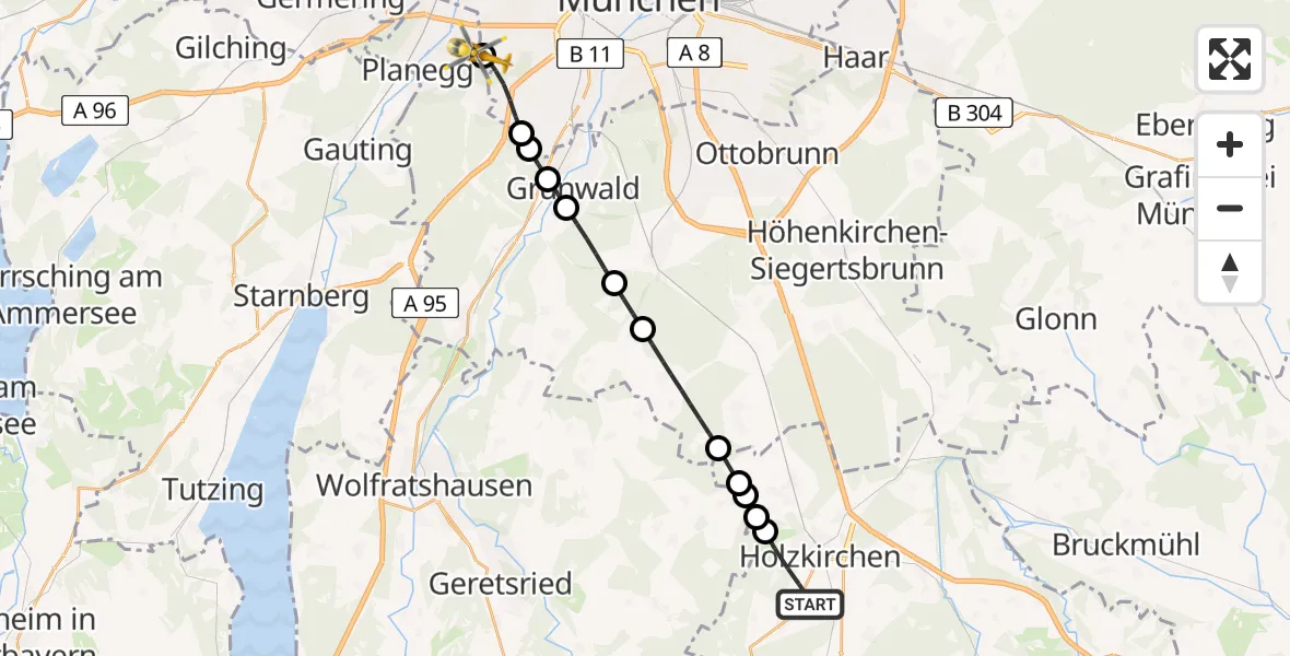 Flugroute Rettungshubschrauber Holzkirchen - DRF Air Rescue München Hubschrauberlandeplatz, 08 Juni 2026, 09:51