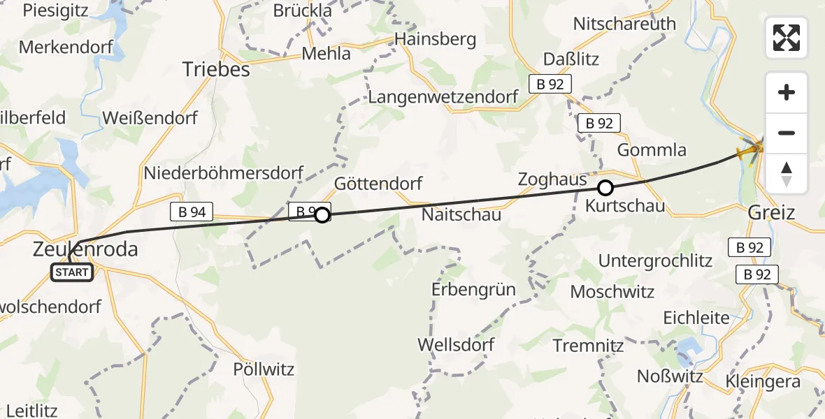 Flugroute Rettungshubschrauber Zeulenroda-Triebes - Greiz, 08 Juni 2026, 09:57