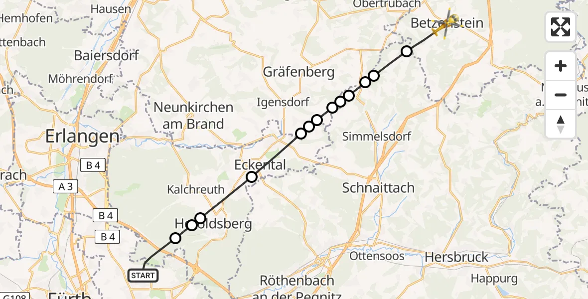 Flugroute Ambulanzhubschrauber Flughafen Nuremberg - Betzenstein, 08 Juni 2026, 09:58