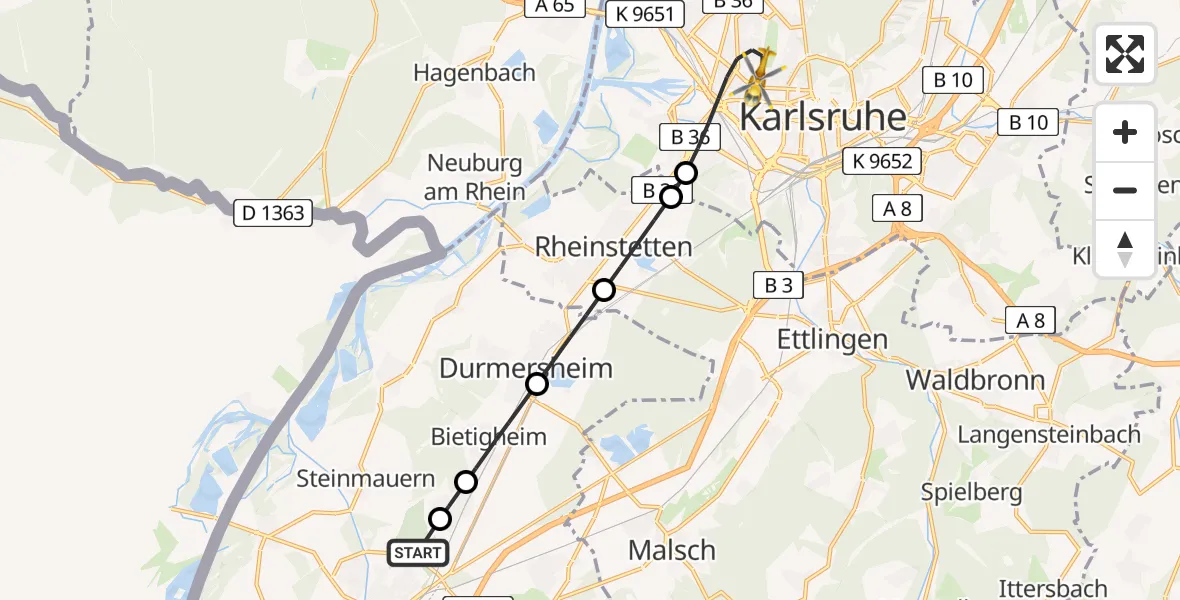 Flugroute Ambulanzhubschrauber Rastatt - Karlsruhe, 08 Juni 2026, 10:02