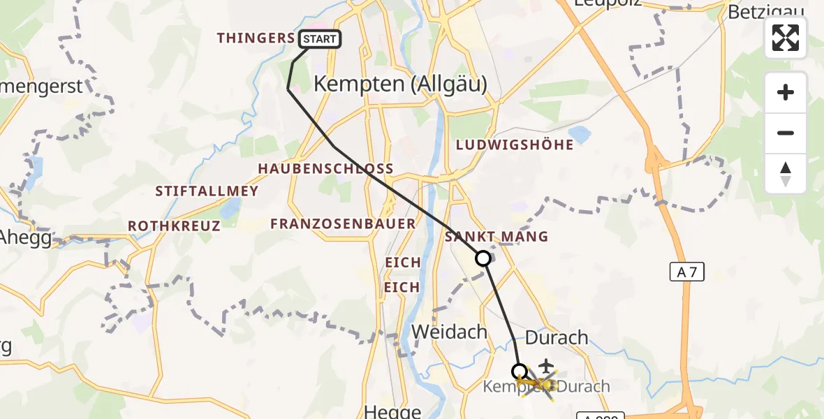 Flugroute Rettungshubschrauber Kempten (Allgäu) - Kempten-Durach Flugplatz, 08 Juni 2026, 10:03