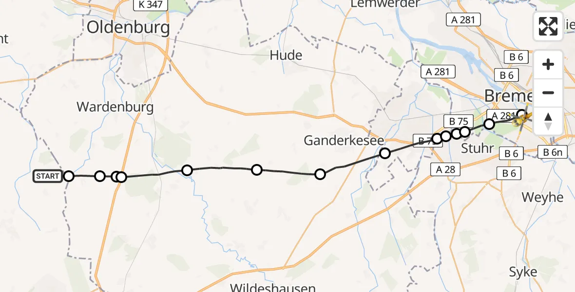 Flugroute Rettungshubschrauber Garrel - Bremen, 08 Juni 2026, 10:05