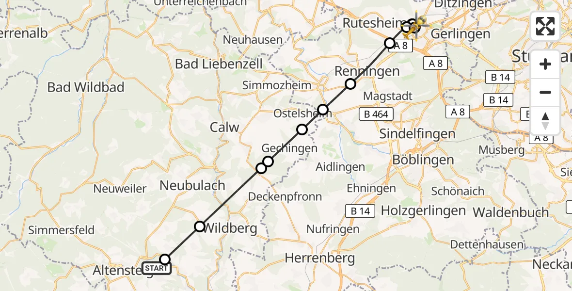 Flugroute Rettungshubschrauber Altensteig - Leonberg Hospital, 08 Juni 2026, 10:10