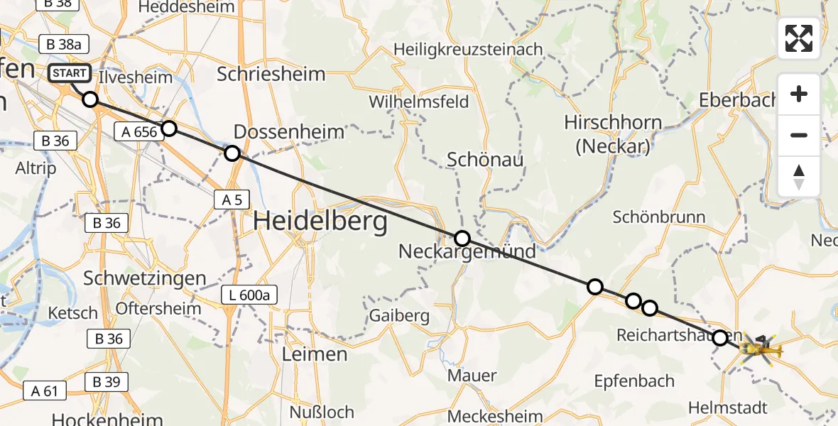 Flugroute Rettungshubschrauber Mannheim-City Flughafen - Aglasterhausen, 08 Juni 2026, 10:13