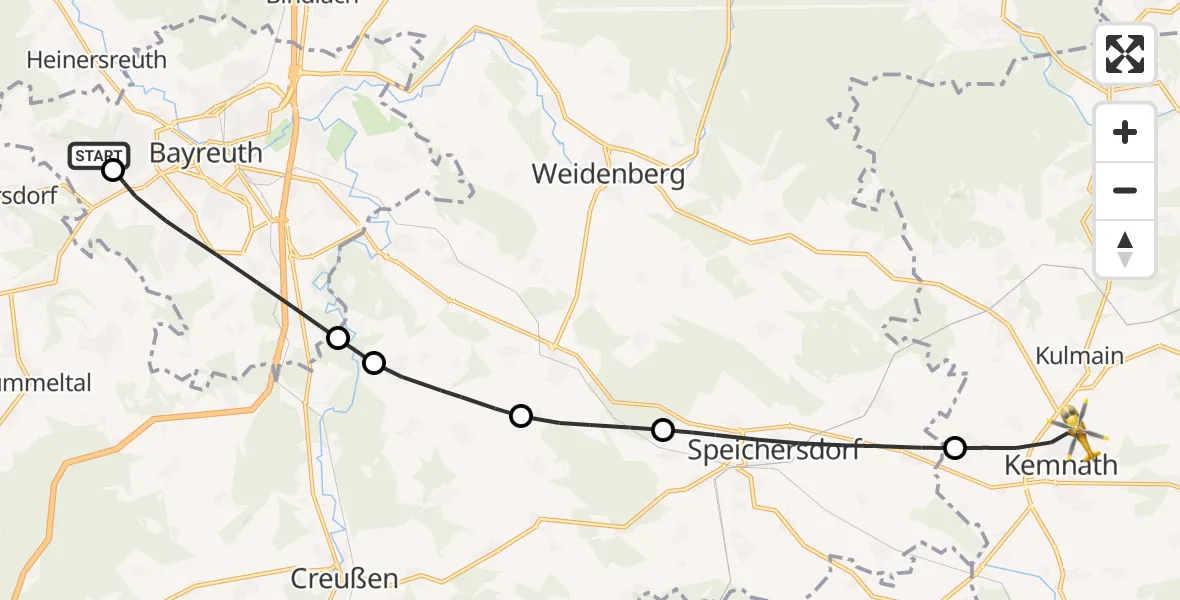 Flugroute Rettungshubschrauber Bayreuth Hospital - Kemnath, 08 Juni 2026, 10:18