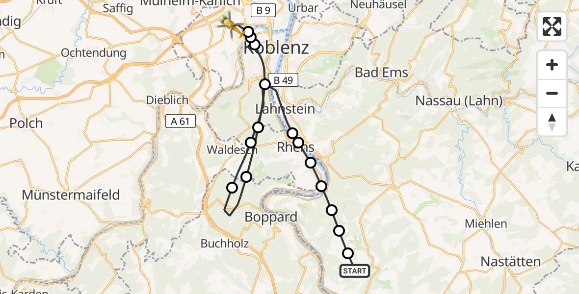 Flugroute Rettungshubschrauber Prath - Koblenz, 08 Juni 2026, 10:18